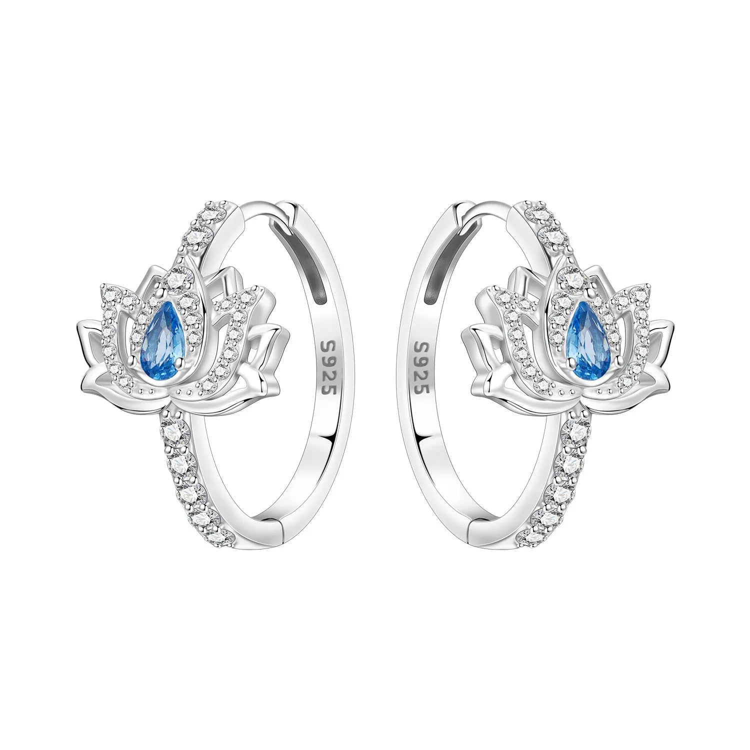 925 Sterling Silver Purple Flowers Plants Leaf Series Blue Iris Flower Earring Hoop Ea close-up view