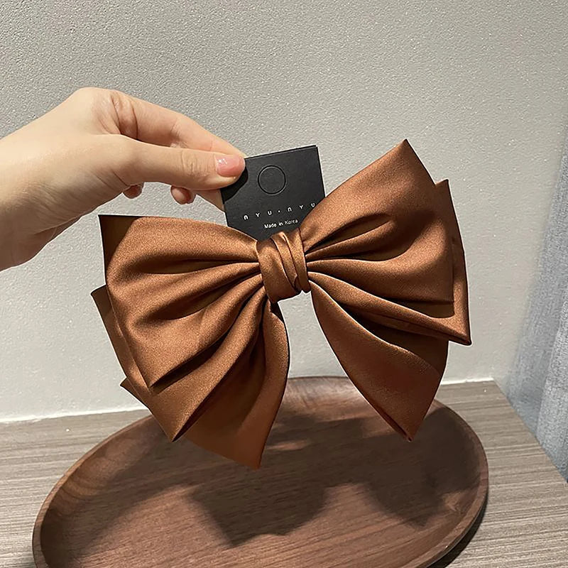 (BBQ4)Elegant Bow Ribbon Hair Clip Fashion Simple Solid Satin Spring Clip Hair Pin Retro Headband With Clip Girl Hair Accessory
