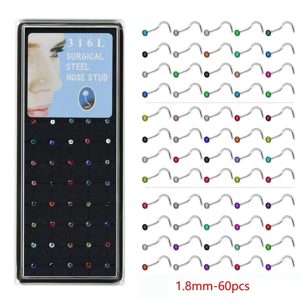 40/60 Pcs/Set Crystal Stainless Steel Nose Piercing Pack Straight Nose Ring Kit L Nose close-up view