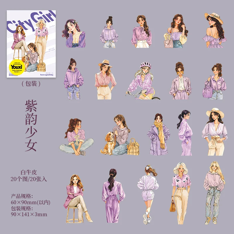 20pcs Fashion Girl Wear Stickers Set | Trendy Character Decals for Laptop Scrapbooking close-up view