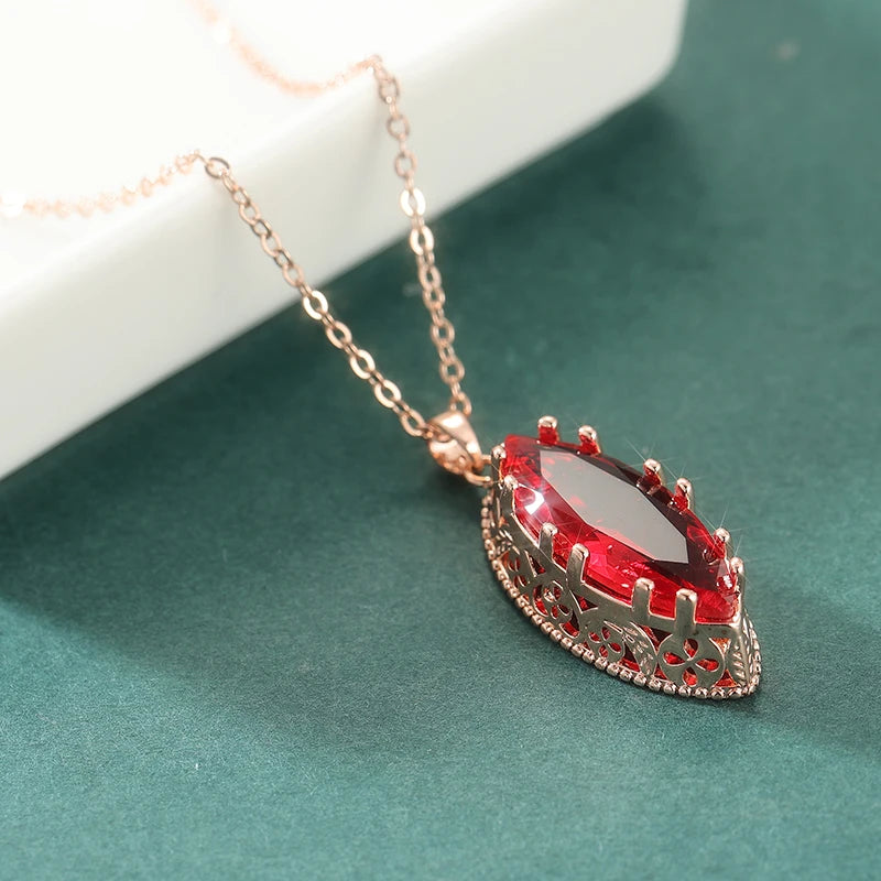 Elegant Luxury Leaf Shape Red Synthetic Zirconia Dangle Necklace for Women Fashion additional angle