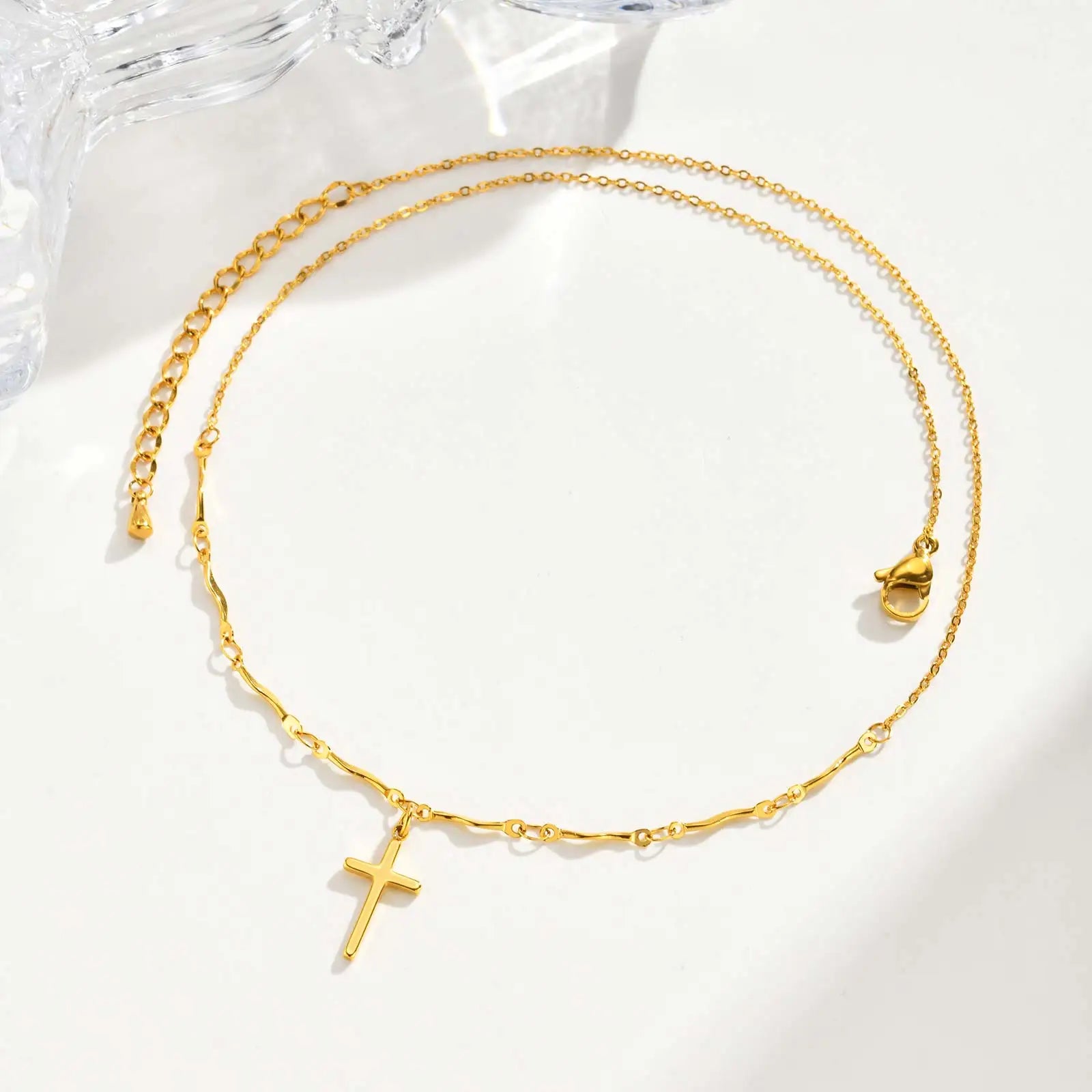 Minimalist Stainless Steel Cross Pendant Necklace, Non-fading Gold Plated Wave Chain C close-up view