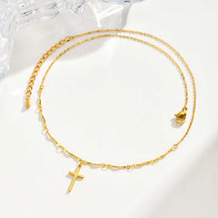 Minimalist Stainless Steel Cross Pendant Necklace, Non-fading Gold Plated Wave Chain C close-up view