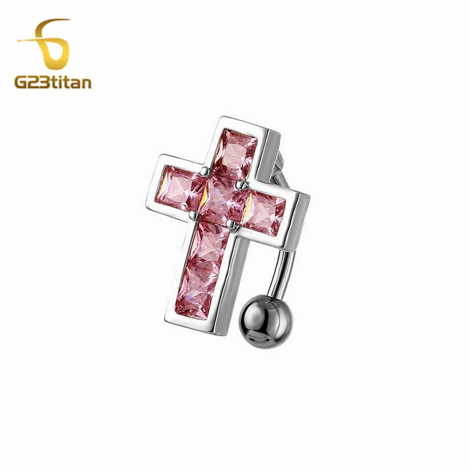 1.6mm 14G Titanium Bar Navel Ring Pink Zircon Cross 6-16mm CZ Short additional angle