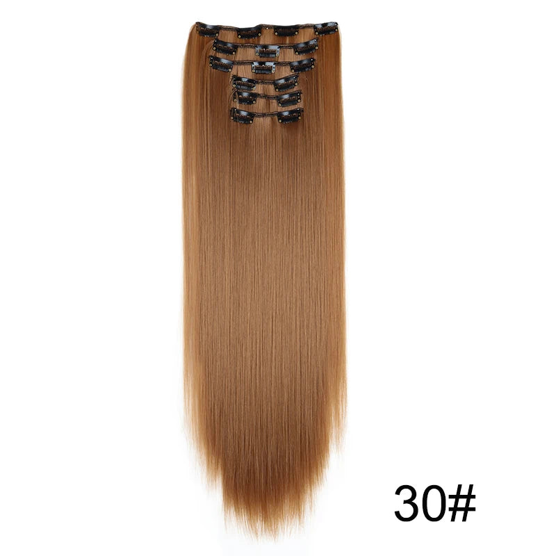 Synthetic 24 Inch Clip In Hair Extensions | Long Straight Blonde Black Heat Resistant close-up view