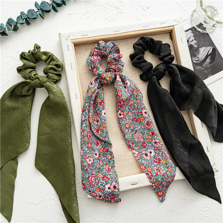 Fashion Leopard Print Bow Satin Long Ribbon Ponytail Scarf Hair Tie Scrunchies Women Gir detail view