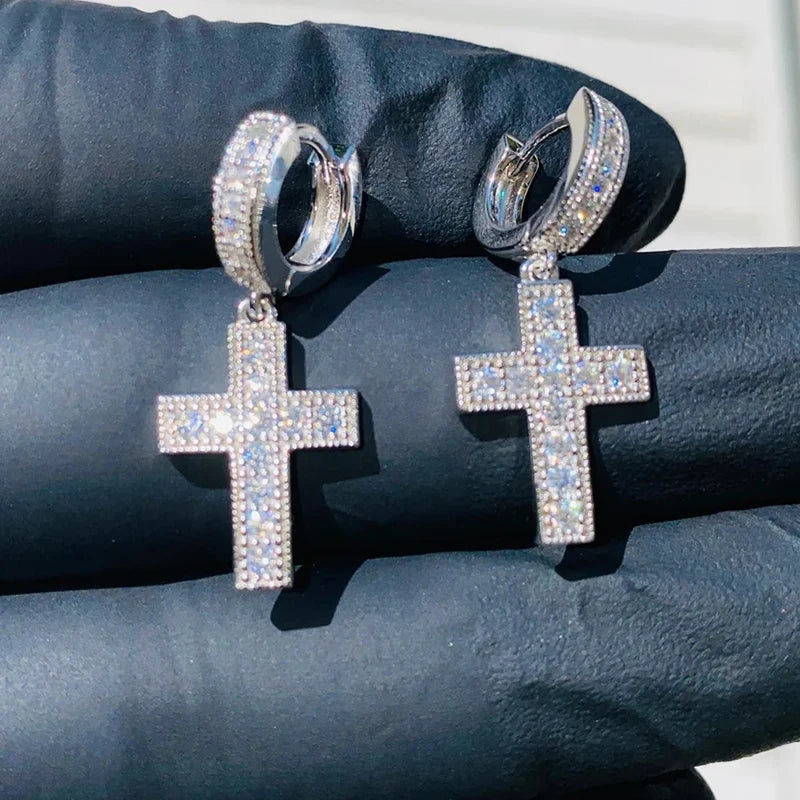 Huitan Dazzling Cross Pendant Earrings for Unisex Stylish Male Hiphop Accessories with B detail view