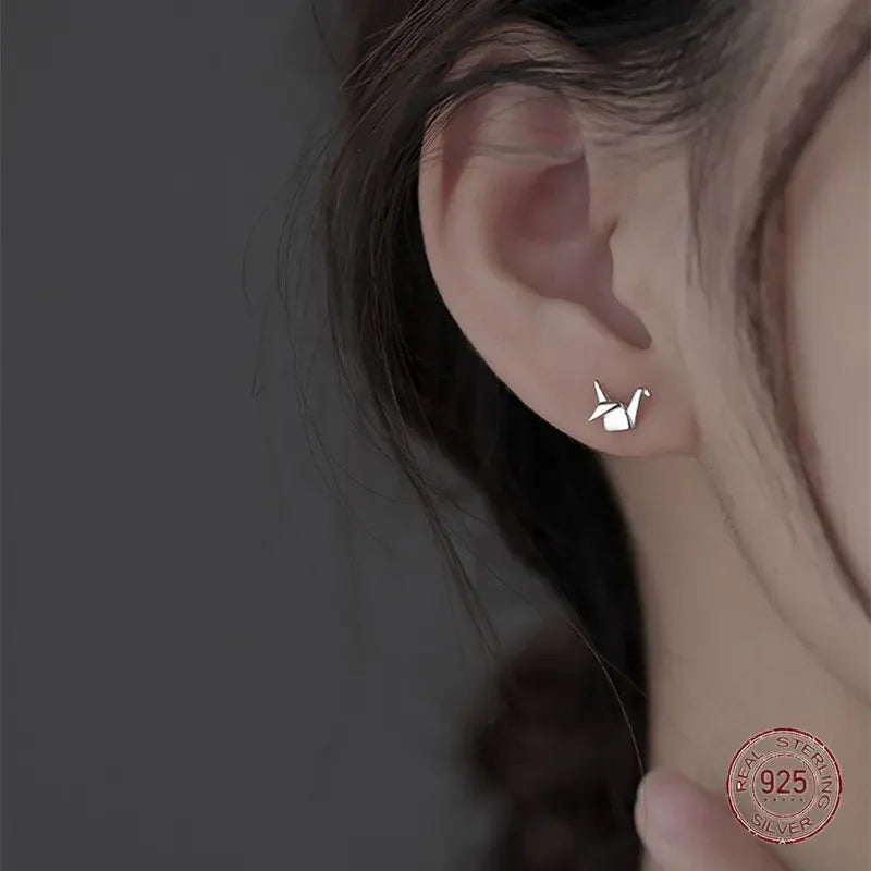 925 Sterling Silver Paper Crane Stud Earrings | Cute Mini Piercing Earrings for Women alternate view