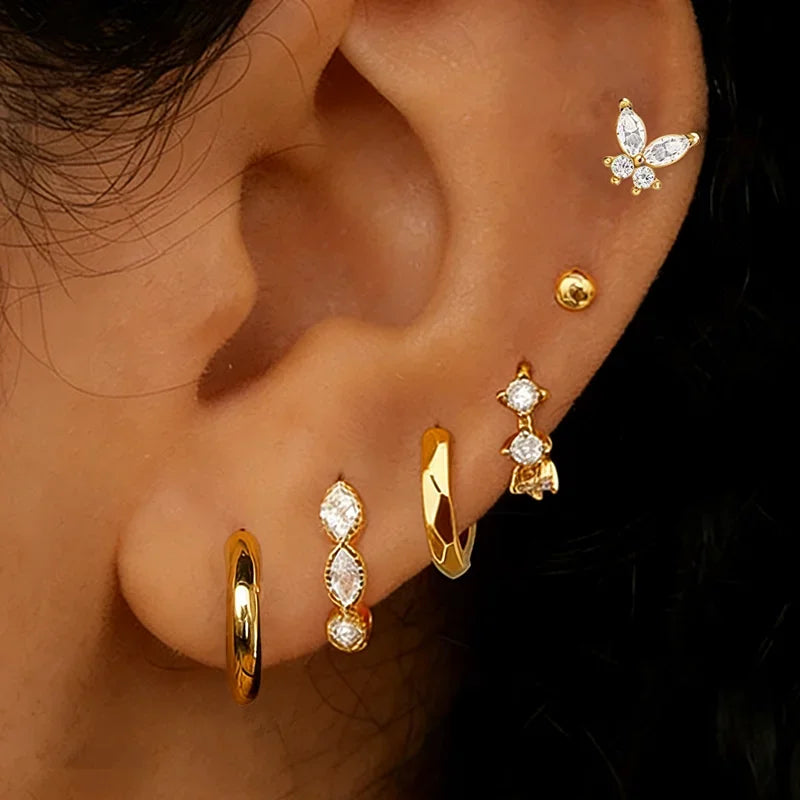 6PCS Shiny Crystal Crown Zircon Flower Stud Earrings Sets For Women Geometry Round Ear close-up view