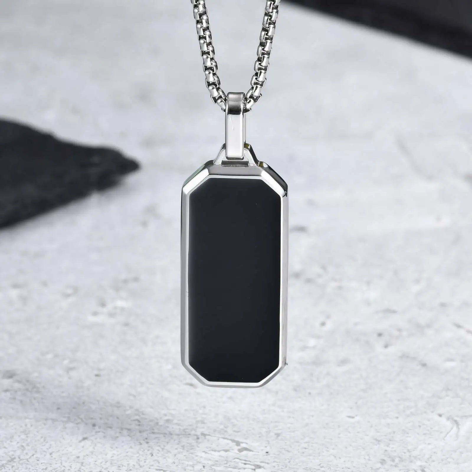 Men's Geometric Square Necklace | Black Enamel Rectangle Pendant with Rope Chain close-up view