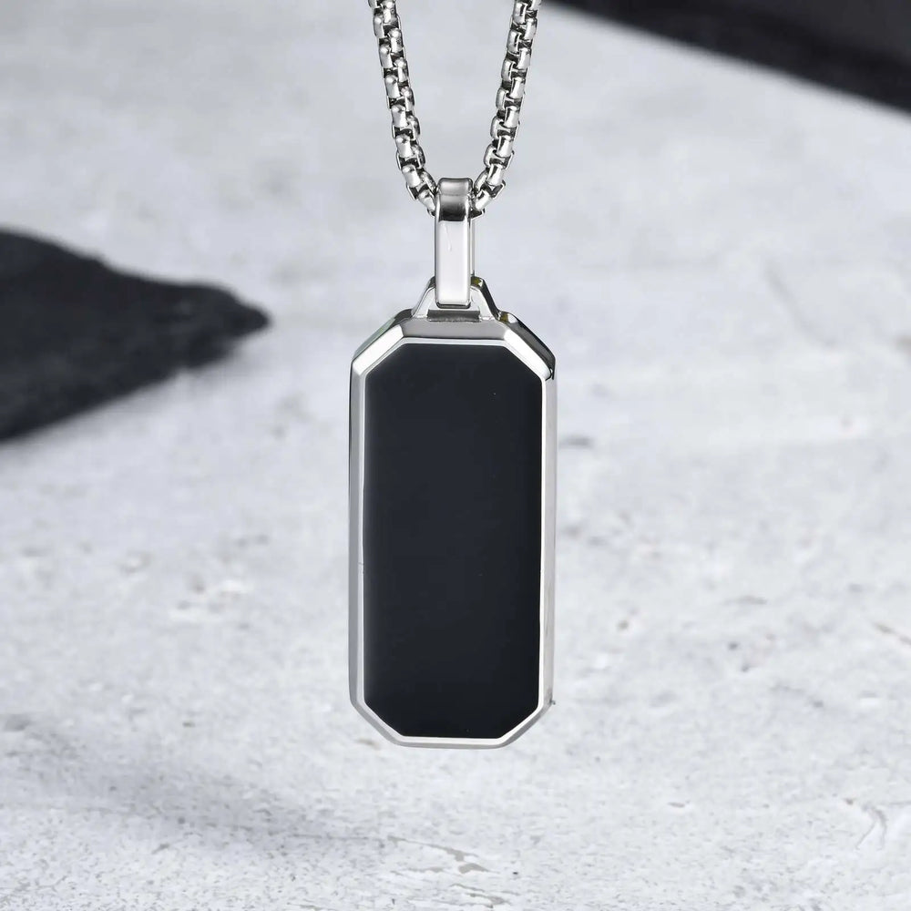 Men's Geometric Square Necklace | Black Enamel Rectangle Pendant with Rope Chain close-up view
