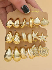3PAIRS-6PAIRS/Set Fashionable &Golden Starfish, Seashell, Smooth Water Drop,Textured C-Shape Earrings Set,Travel & Vacation Wear