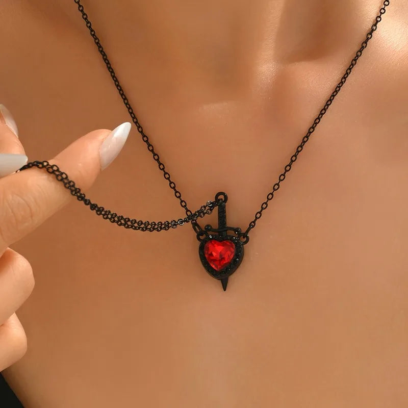 Gothic Sword and Heart Pendant Necklace Set | 2-Piece Gothic Jewelry for Halloween alternate view