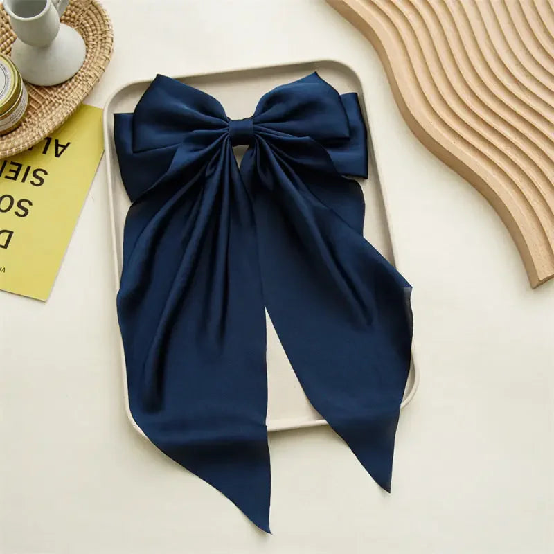 Korean Accessories Hair Clips for Women Girls Big Bowknot Solid Satin Long Ribbon Bow lifestyle view