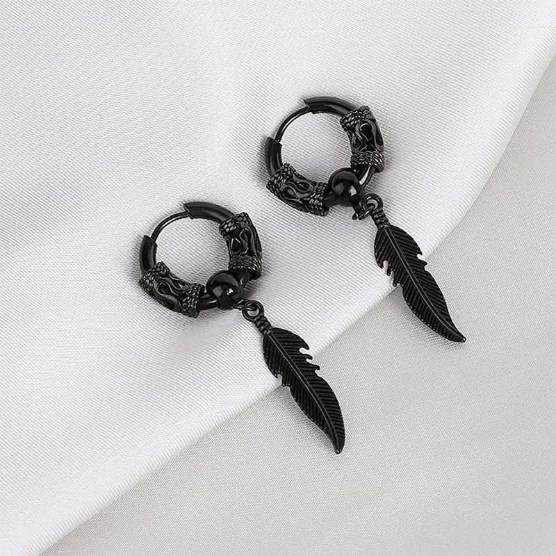 2Pcs Fashion Stainless Steel Feather Leaf Coil Earrings Punk Rock Hoop Stud Earrings F close-up view
