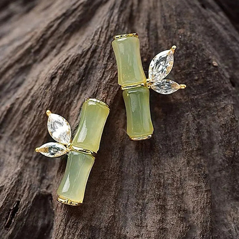 Vintage Ethnic Style Imitation Jade Bamboo Crystal Stud Earrings Women Temperament Chinese Style Fas