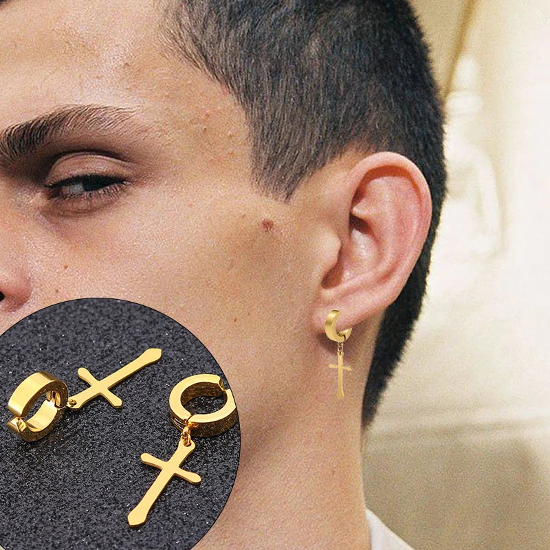 Fashion Titanium Steel Cross Ear Clip Earrings For Men Women Stainless Steel Punk Black Single Earring Fake Earrings Jewelry