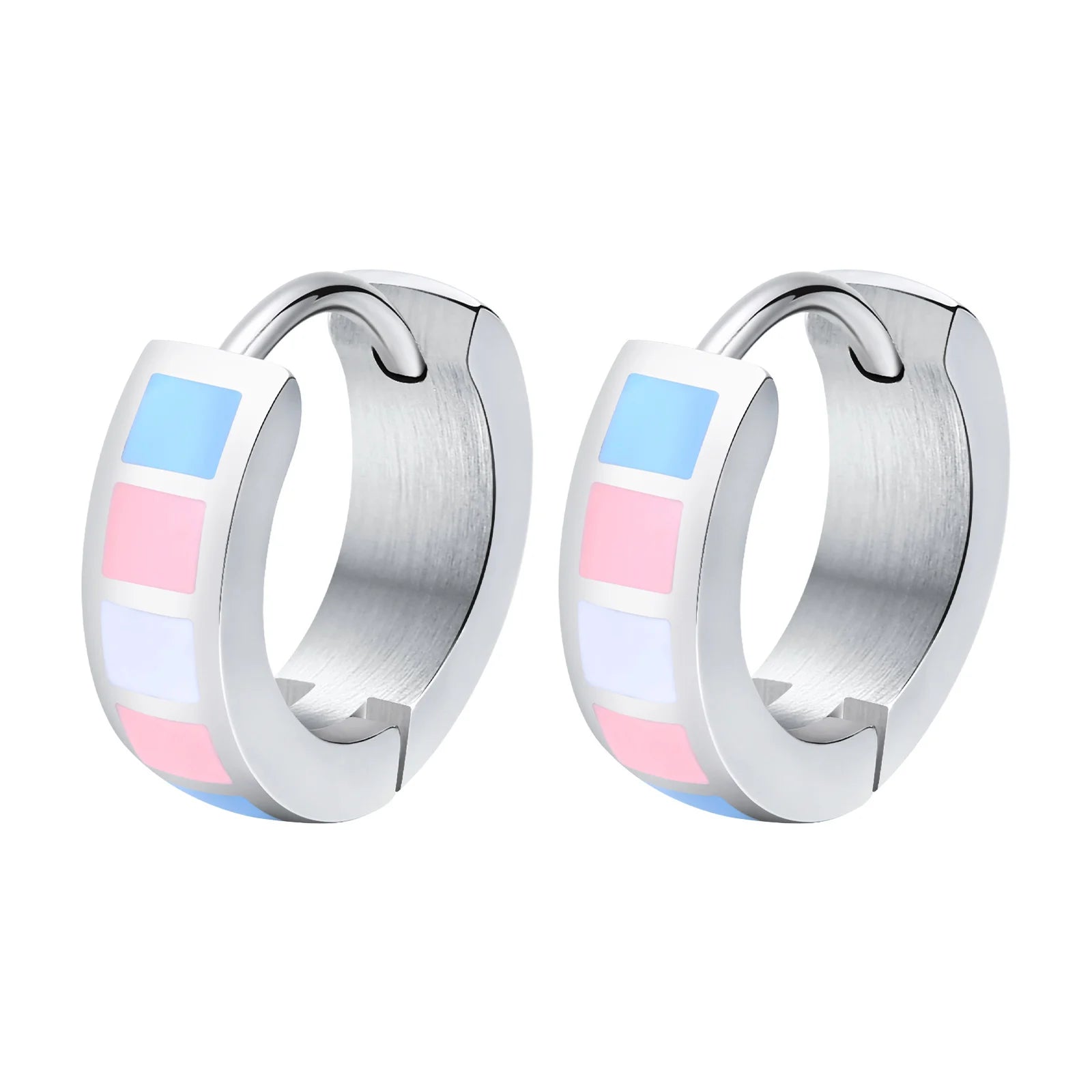 LGBT Rainbow Huggie Hoop Earring for Leibian Gay, Pride Flag Hinged Ear Piercings, Stain detail view