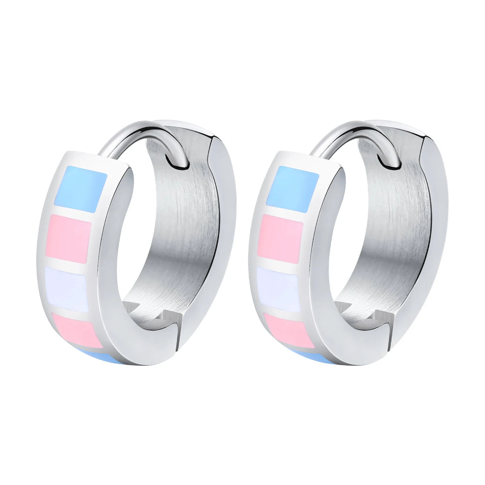 LGBT Rainbow Huggie Hoop Earring for Leibian Gay, Pride Flag Hinged Ear Piercings, Stain detail view