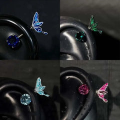 Sweet Cool Enamel Zircon Butterfly Stud Earrings for Women Punk Metal Shiny Crystal Piercing Ear Bon