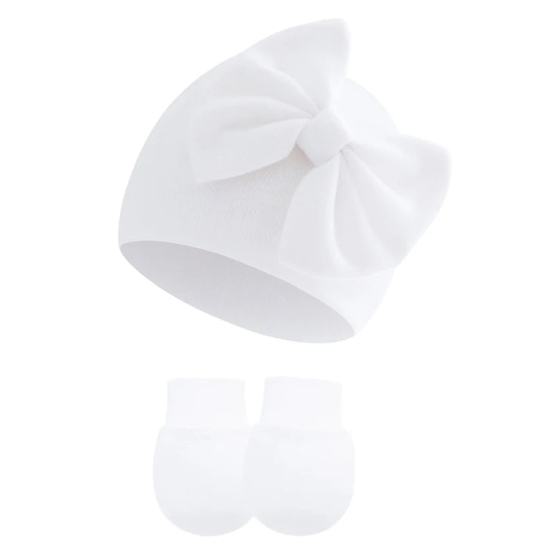 2Pcs Baby Girl Hat and Gloves Set | Newborn Princess Beanie with Big Bow for 0-6 Mo additional angle