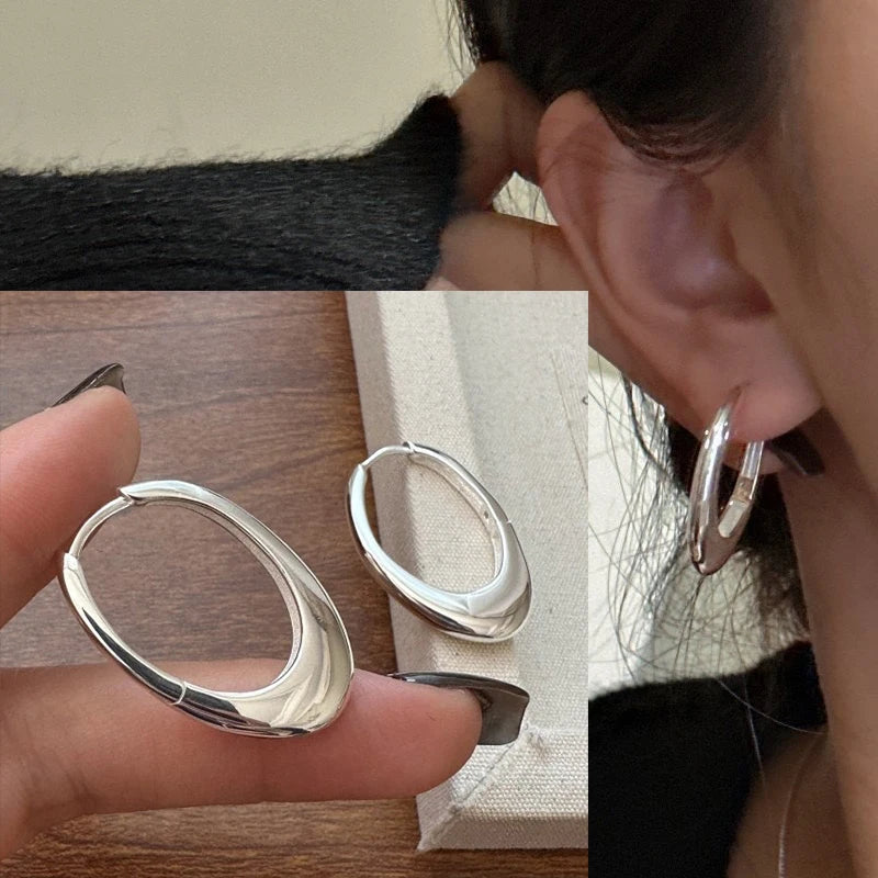 PANJBJ925 Sterling Silver Frosting Hoop Earrings For Women Texture Geometry Design Trend detail view