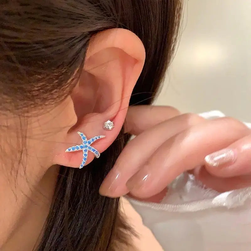1Pair Fashionable Summer Blue Full Diamond Starfish Ear Studs Sweet Small Stud Earrin lifestyle view