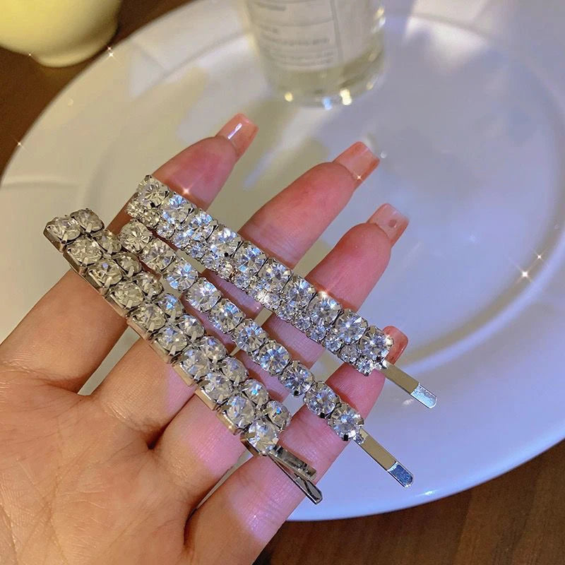 Bling Crystal Hair Clips Set Rhinestone Flowers Barrettes Side Pin Sweet Elegant Bobby close-up view