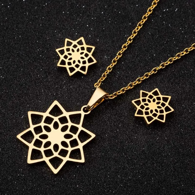 Stainless Steel Unalome Pendant Necklace | Yoga Jewelry with Lotus Flower detail view