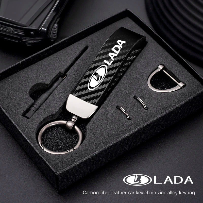 Car Carbon Fiber Style Keychain | Lada Accessory with Microfiber Leather