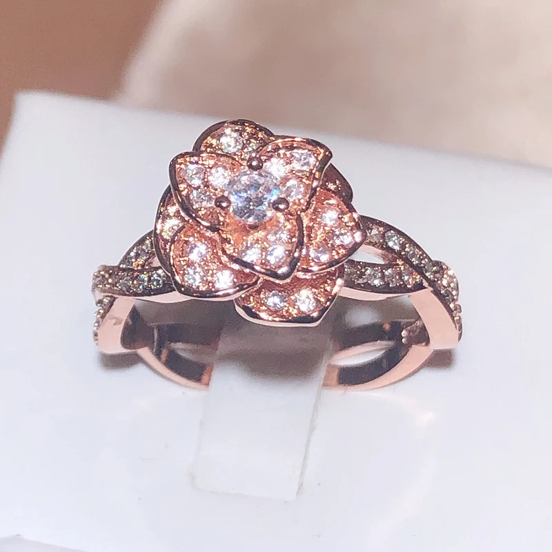 925 Sterling Silver InterTwined Three-Dimensional Rose Ring White Zircon Full Diamo additional angle