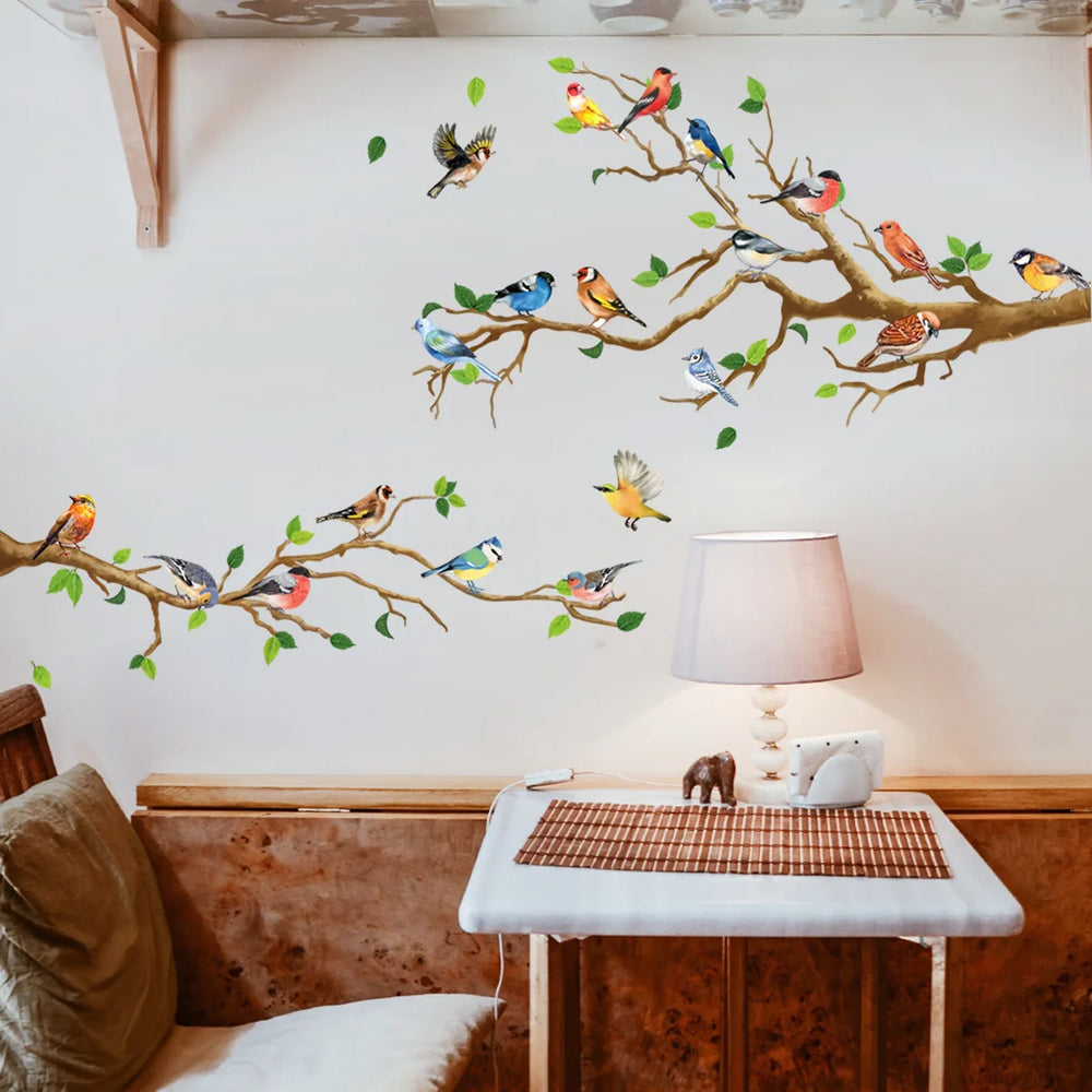 Colorful Birds on Branch Wall Decal | 4pcs Self-Adhesive PVC Art Sticker Set lifestyle view
