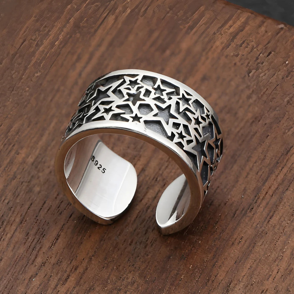 PANJBJ 925 Sterling Silver Frosting Geometry Ring for Women Wide Texture Versatile Han close-up view