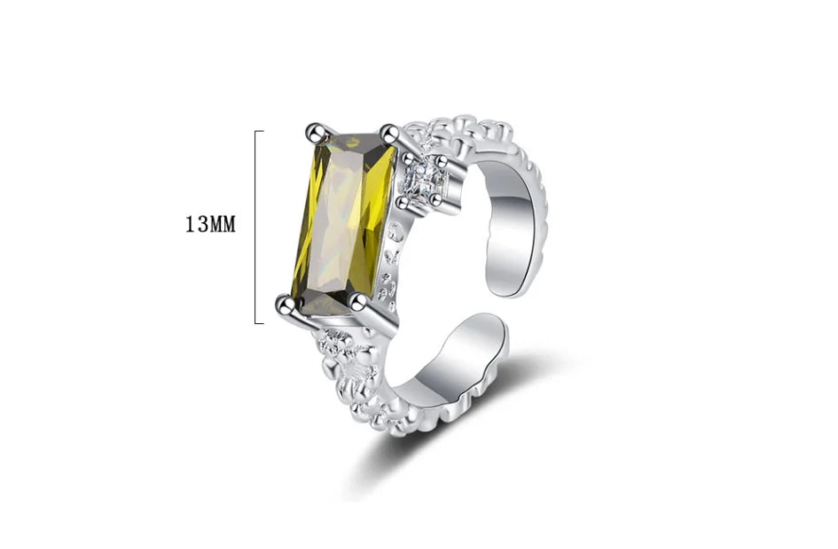 Emerald Cut Natural Green Peridot 925 Sterling Silver Irregular Texture Adjustable additional angle