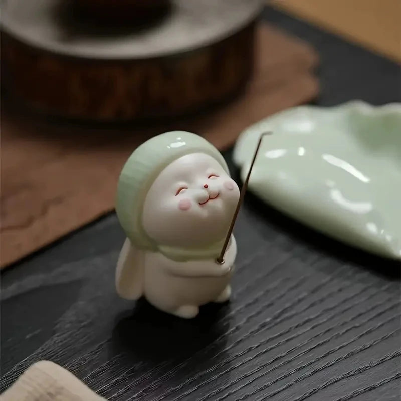 Cute Wishing Rabbit Incense Burner | Ceramic Home Fragrance Decor close-up view