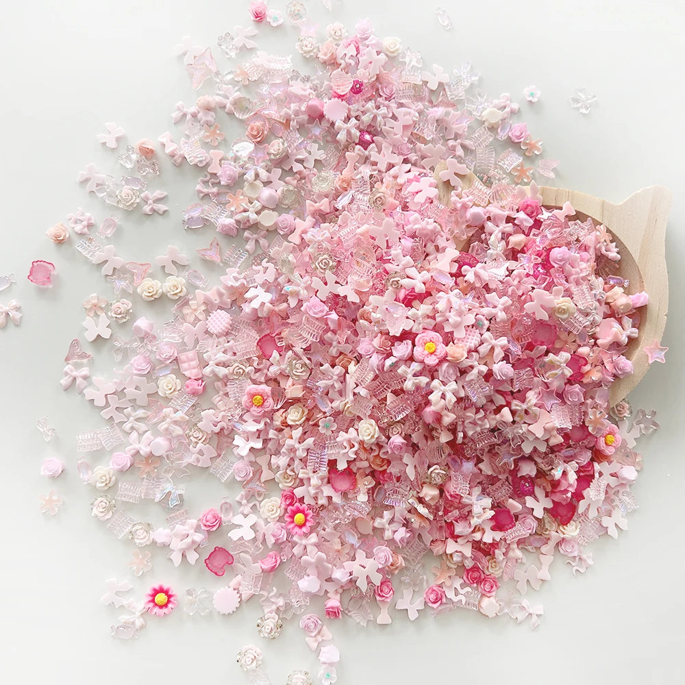 100PCS Random Mixed Strawberry Flowers Nail Charms Sweet Resin Flatback Moon Nail Art lifestyle view