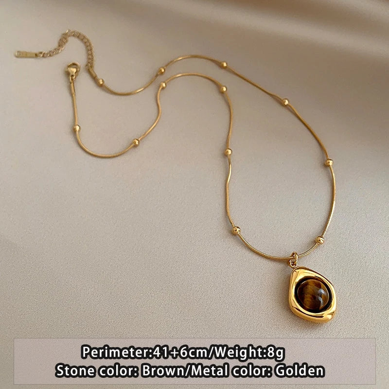 Retro Temperament Layered Tiger Eye Stone Pendant Necklace For Women Stainless Steel Dou detail view