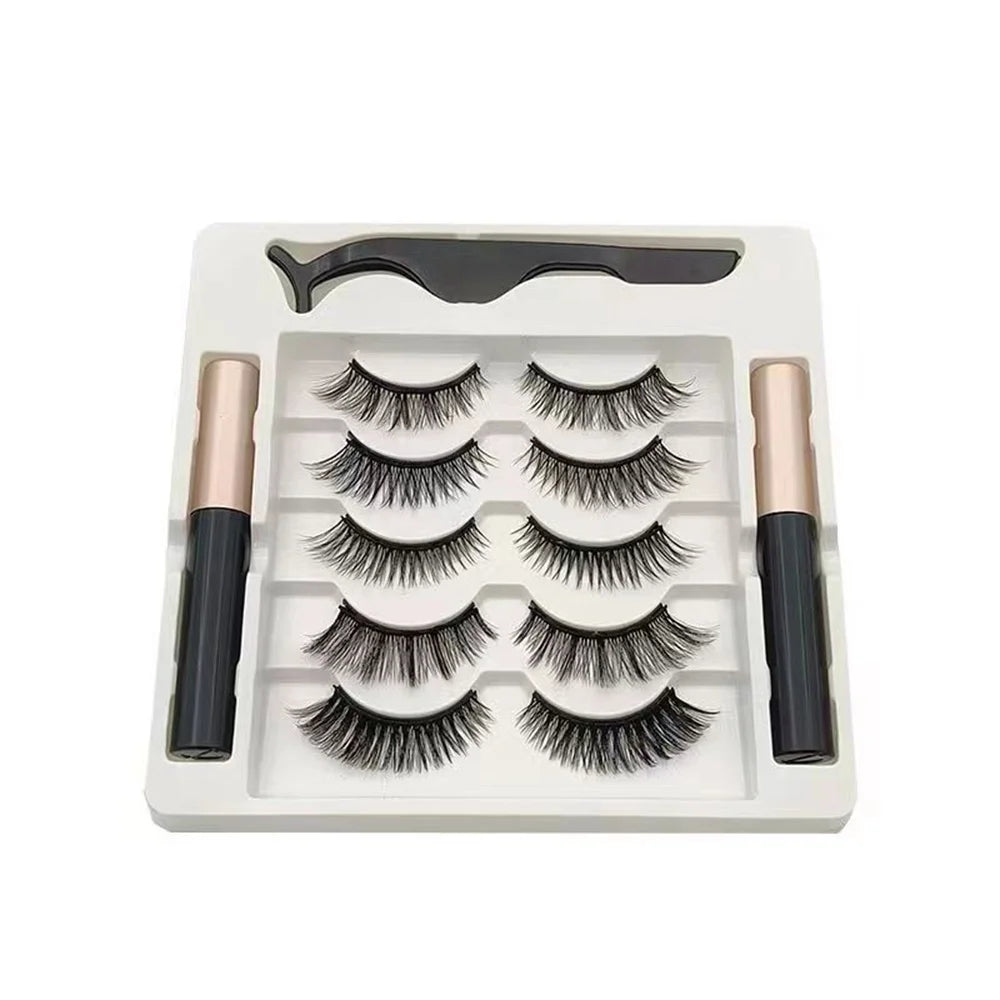 5 Pairs Magnetic Eyelashes Set with Eyeliner and Tweezers | 3D Natural False Lashes close-up view
