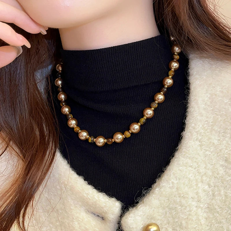Warm Tiger's Eye Pearl Bead Necklace | Classic Sweater Chain Jewelry close-up view