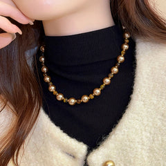 Warm Tiger's Eye Pearl Bead Necklace | Classic Sweater Chain Jewelry close-up view