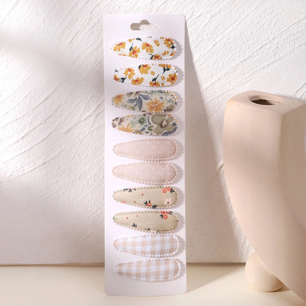 10Pcs/Lot Fresh Print Cotton Alloy Hair Clips for Kids Fabric Plaid BB Hairpins Girl Hai detail view