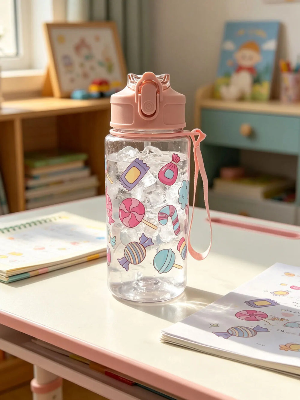 1 Piece 500ml (19 fl oz) Cartoon Printed Straw Cup, Summer Plastic Water Bottle, BPA F close-up view