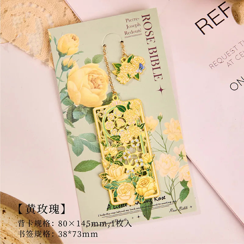 Retro Metal Aesthetic Rose Bookmark Pendant Chinese Style Floral Painting Bookmark Stude detail view
