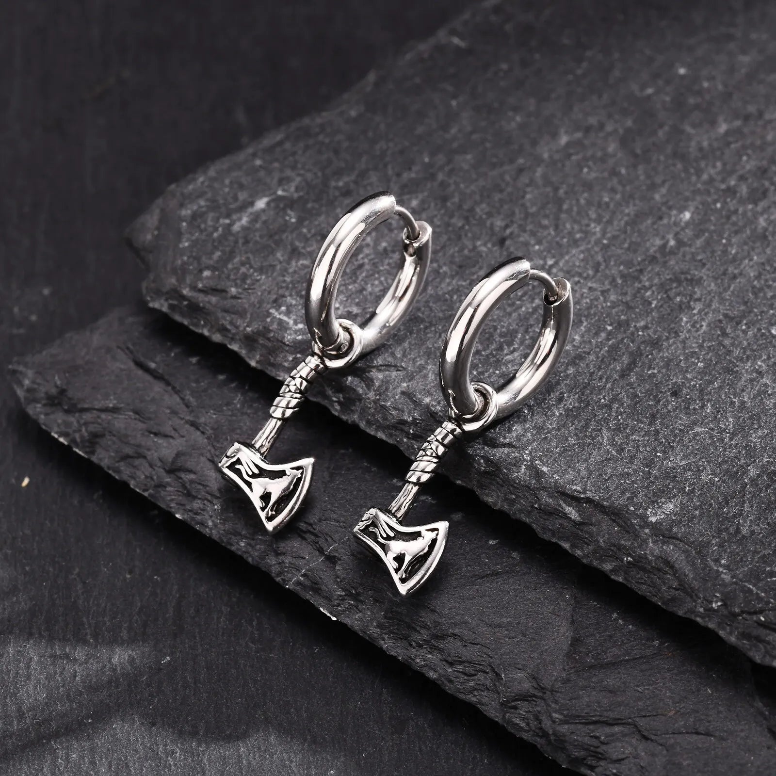 VNOX Viking Axe Hoop Earrings | Stainless Steel Men's Drop Dangle Earrings additional angle