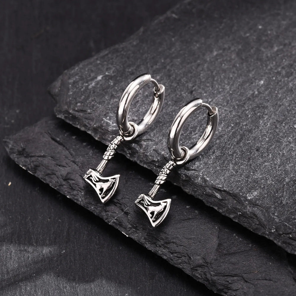 VNOX Viking Axe Hoop Earrings | Stainless Steel Men's Drop Dangle Earrings additional angle