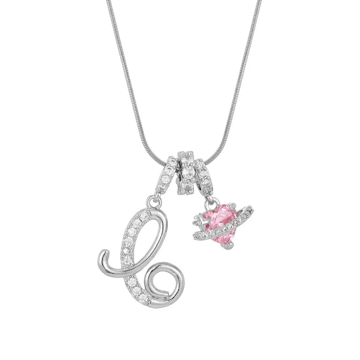 Fashion Letter Necklace for Women Pink Zircon Heart-shaped Pendant Suitable for Girls to detail view