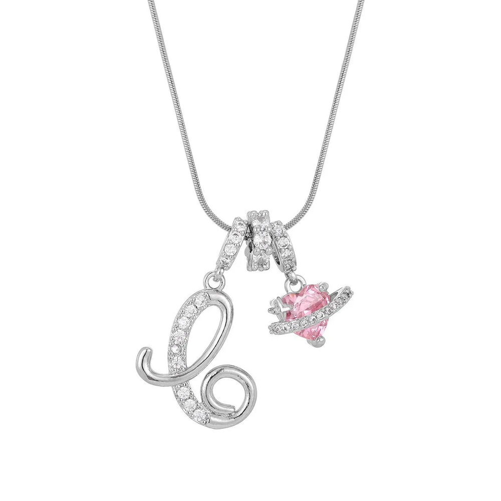 Fashion Letter Necklace for Women Pink Zircon Heart-shaped Pendant Suitable for Girls to detail view