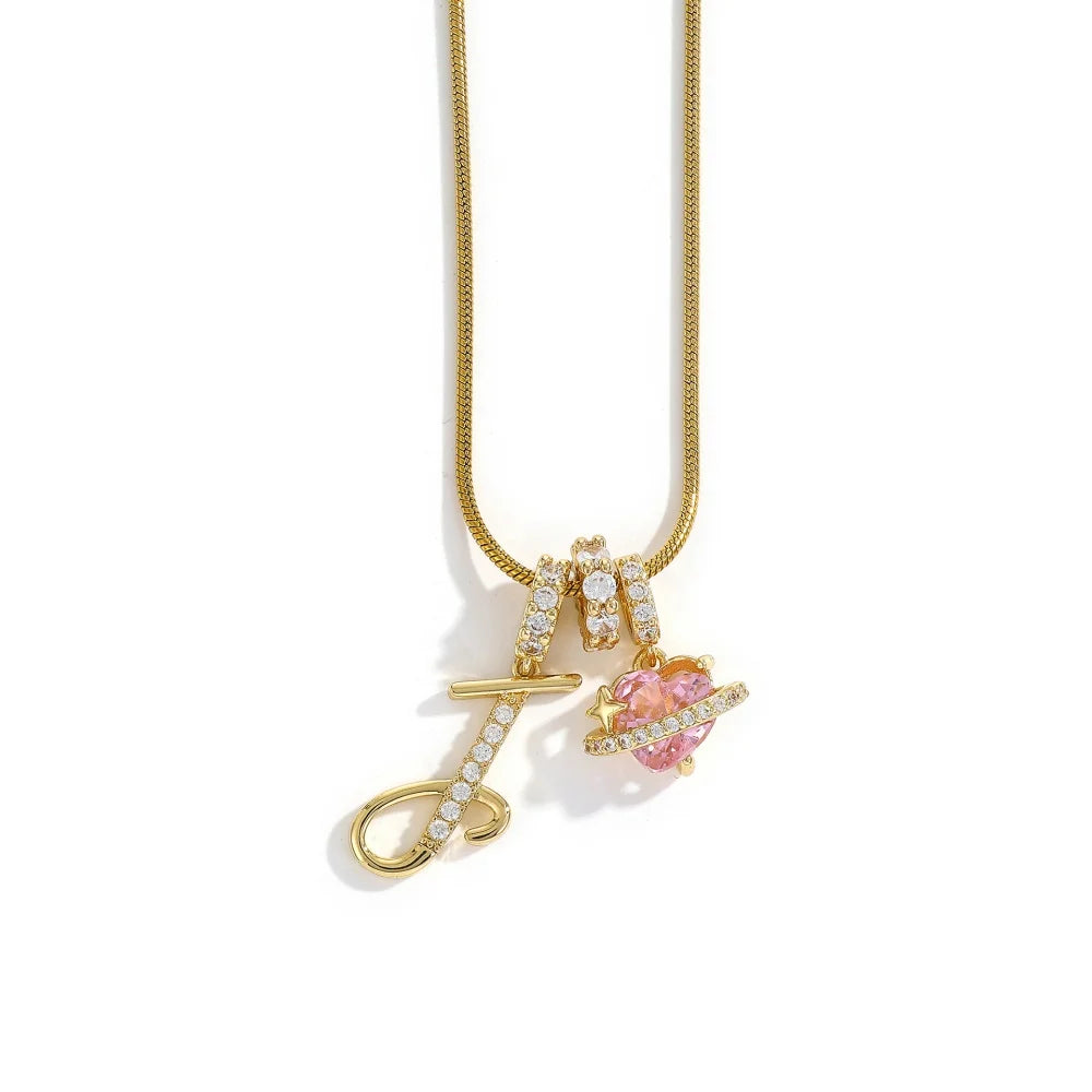 Gold Color Zircon Flower Pendant Necklace Female A-Z 26 Letter Alphabet Wedding Jewelry detail view