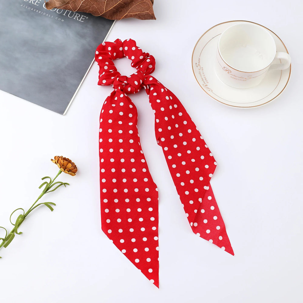 Fashion Flower Print Bow Satin Long Ribbon Ponytail Scarf Tie Scrunchies Women Girls Ela detail view