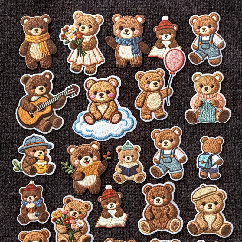 Kawaii Embroidered Fabric Pet Sticker Set | 40Pcs White Kraft Paper Journal Decor close-up view